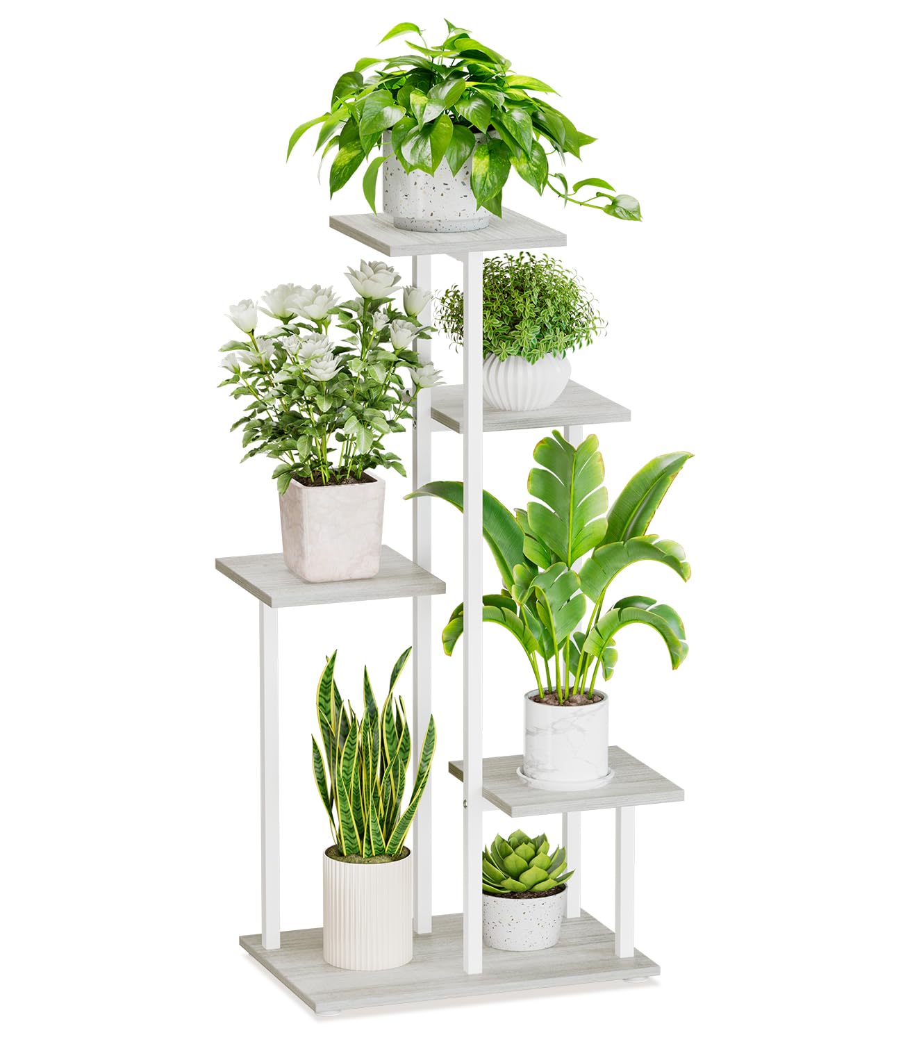 Photo 1 of iDavosic.ly 5 Tier Plant Stand Indoor, Tiered Corner Plant Shelf for Multiple Plants, Metal Wood Tall Plant Display Rack Flower Holder for Patio Porch Garden Balcony Bedroom, White