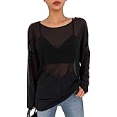 GORGLITTER Women's Mesh Tops Sheer See Through Long Sleeve Boat Neck T Shirts Cover Up Sexy Spring Outfits 2026