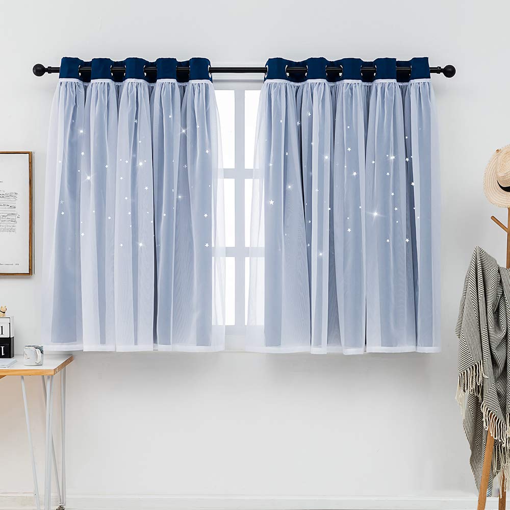 QINUO HOME Blackout Curtains for Girls Bedroom - Star Cut Out Nursery Navy Curtains with White Voile, Thermal Eyelet Curtain Panels with Net for Kids Room Decoration, 2 Panels, 46 x 54 Inch, Navy