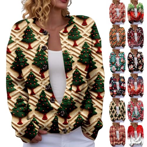 Christmas Jumpers for Women Button V-Neck Christmas Cardigans for Women Lightweight Open Front Knitted Sweater Casual Long Sleeve Chunky Cardigans Winter Warm Ladies Xmas Jumpers Loose Fit Xmas Top