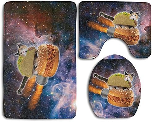 Lalamin Space Hamburger Cat Non Slip 3pcs/set Bathroom Mats Set Pedestal Lid Toilet Cover Rug Bath Mat