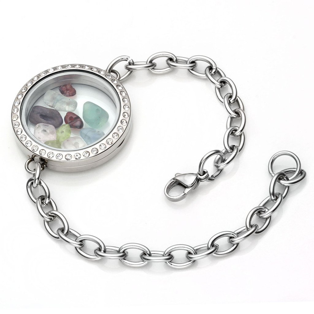 PiercingJ Womens Silver 316L Stainless Steel Crystal Gem Round Locket Pendant Floating Charm Wristband Link Bracelet 8\
