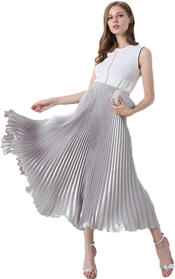 Eorish Women's Vintage Elegant Pleat Elastic Waist Long Skirt (US 0-6, Silver)