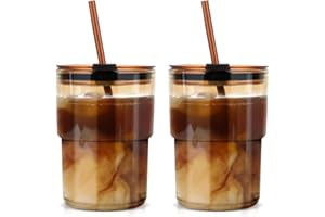 Luxfuel 13oz/400ml Glass Tumbler with Straw and Lid, 2 Pack Glass Cup, Sealed Carry on Travel Coffee Cup for Coffee, Iced Tea