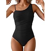 Aidonger One Shoulder One Piece Swimsuit for Women Tummy Control Bathing Suits Color Block Ruched Swim Suit Slimming Swimwear