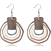 Wooden Geometry Circle Earrings for Women Bohemian Vintage Lightweight Wood Dangle Earrings Handmade Multilayer Earrings