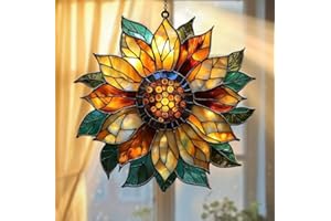 GIKZO Golden Sunflower Acrylic Suncatcher Stained Glass Effect Window Car Hanging Christmas Ornament Indoor Outdoor Decor Garden Sun Catcher Panel for Sunflower Lover for Women Mom Grandma
