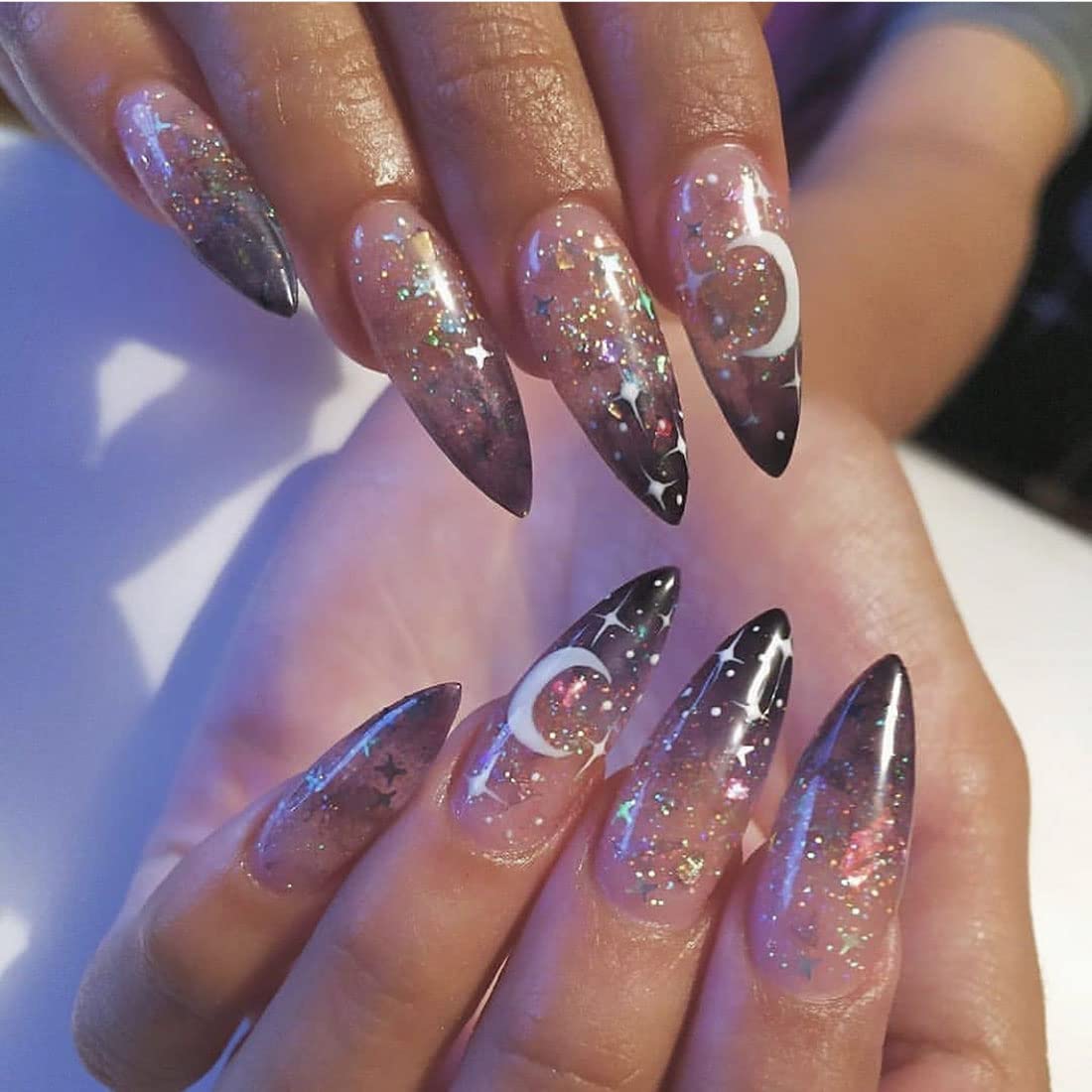 Carufin 24 PCS Funny Moon Stars Acrylic Press on Nails Long Artificial False Nails for Women (A)