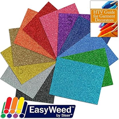 Siser Glitter Heat Transfer Vinyl Sheets with Heat Transfer Garment Guide, 12 Inch x 20 Inch, 12 Assorted Color