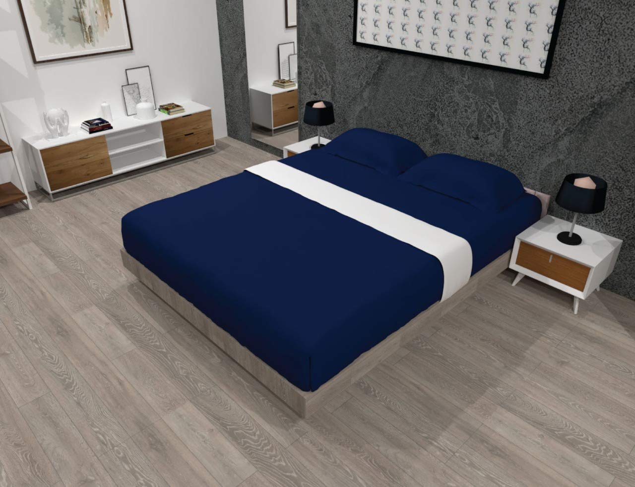 LUXURANGE Non Iron Double Bed Fitted Sheet 100% Poly Cotton Double Bed Sheet, Kids Double Fitted Sheet with 25cm Depth Pocket, Hotel Quality Easy Care Plain Dyed Soft, Navy Blue.