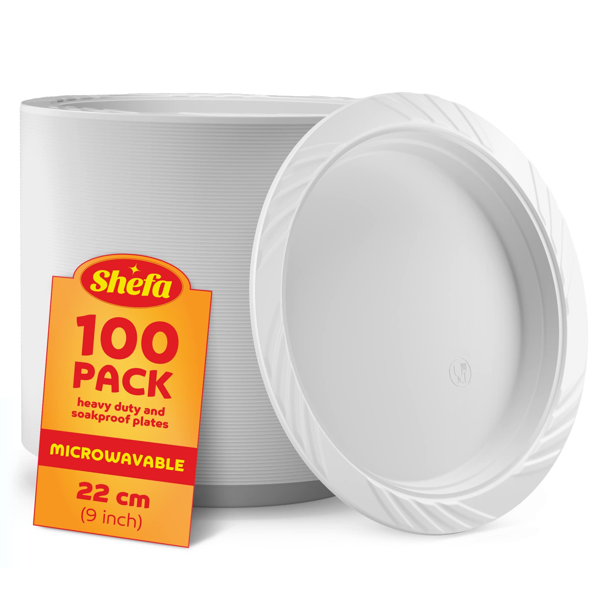 Shefa 100 White Plates, Reusable & Washable, Heavy Duty Dinnerware, Microwave-Safe Crockery - Ideal for Birthday, Parties, Camping, Catering (9 inch Plates, White)