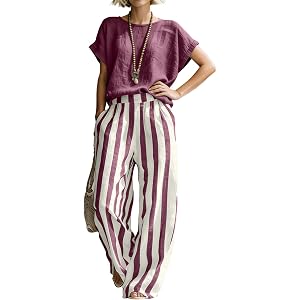 SamLng 2 Piece Short Sleeve Blouse with Vertical Striped Wide Leg Pants, Linen 2 Piece Set Casual Summer Loungewear Set