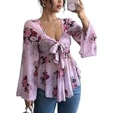 TIAFORD 2026 Spring Women's Floral Chiffon Blouse Party Date Sexy Sheer Bell Sleeve Tie Front Peplum Tops for Women
