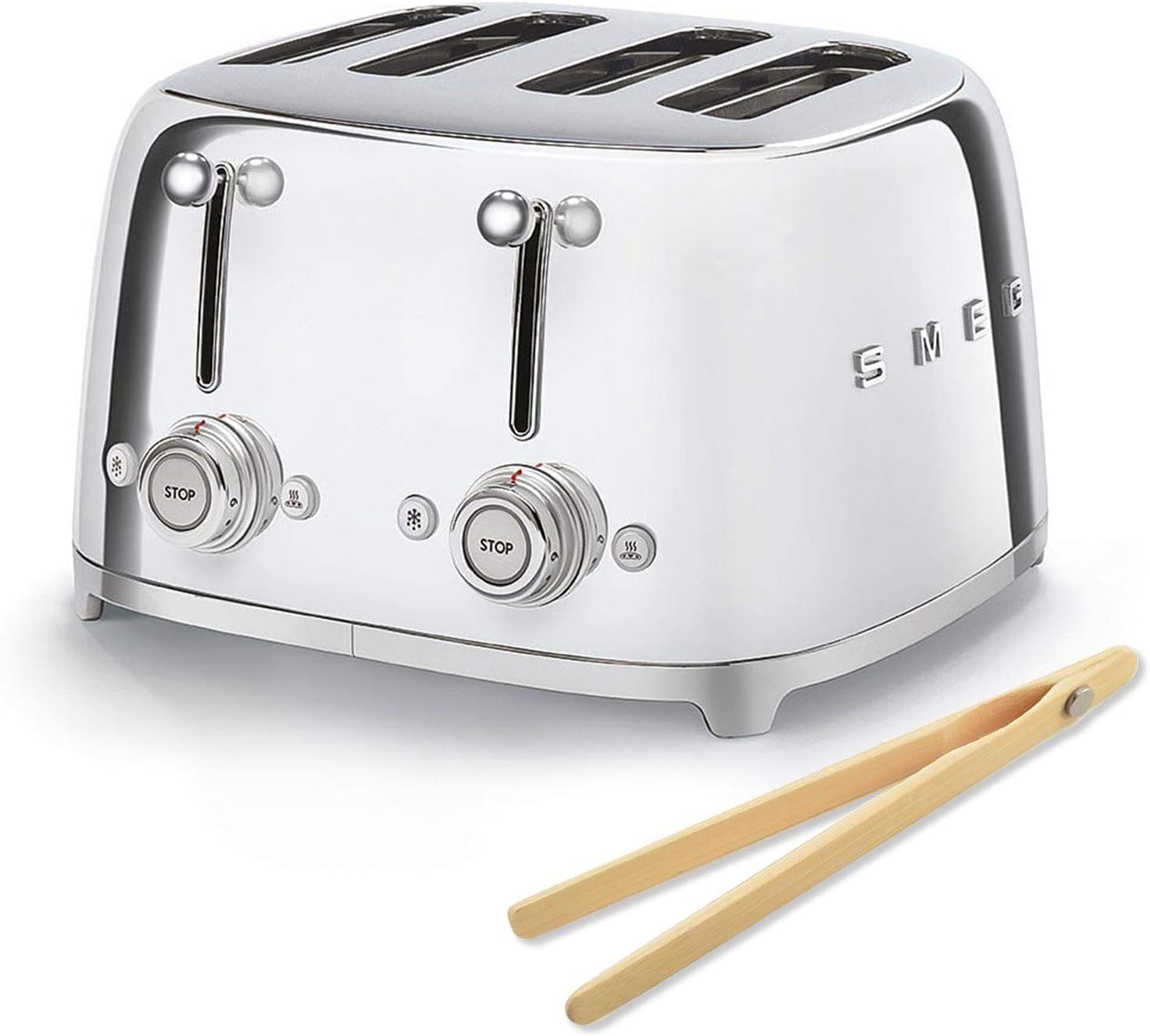 Smeg 50s Retro 4-Slot Toaster TSF03 Bundle with Norpro Bamboo Tongs (Stainless Steel)