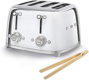 Smeg 50s Retro 4-Slot Toaster TSF03 Bundle with Norpro Bamboo Tongs (Stainless Steel)