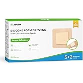AUVON Silicone Foam Dressing with Large Adhesive Border, 4" x 4" 7 Packs Wound Dressing Bandage with High Absorbency, Waterproof Silicone Foam Pads for Wound Care, FSA/HSA Eligible