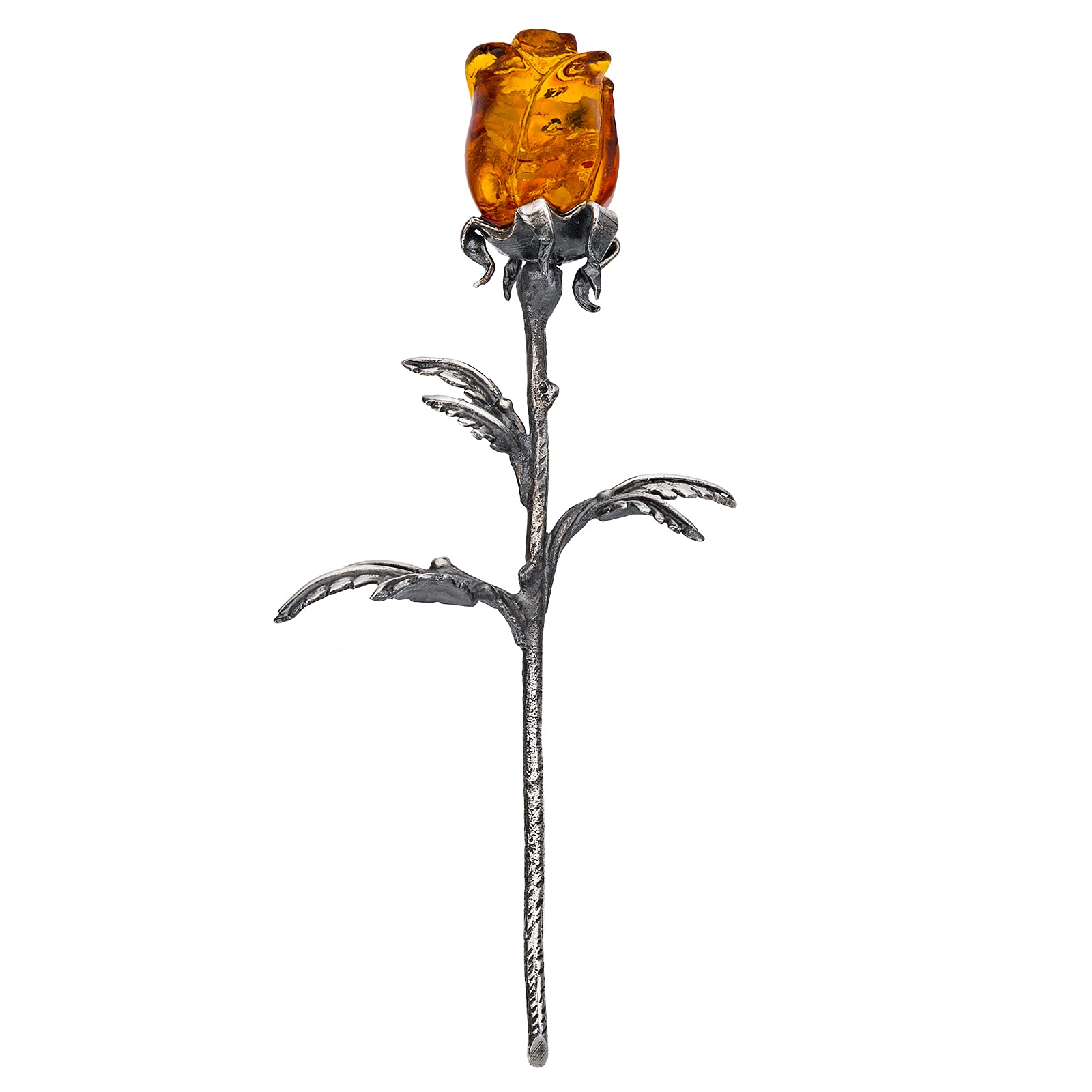 AMBEDORA Eternal Rose, Oxidised Sterling Silver, Hand Carved Amber Rose, Small Silver Eternal Rose with Amber Head in Cognac Colour