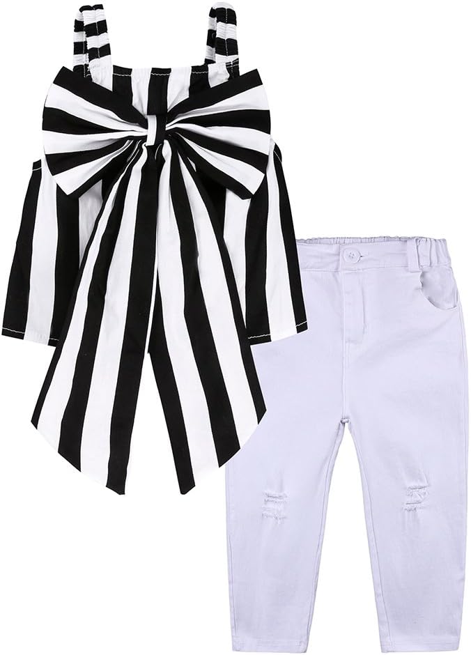 Kids Baby Girl 2Pcs Outfit Set Black Striped Bowknot Top White Jeans Long Pants