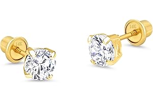 LOVEARING 14k Yellow Gold 2, 3, 4, 5, 6mm Basket Round Cubic Zirconia Children Screw Back Baby Girls Earrings