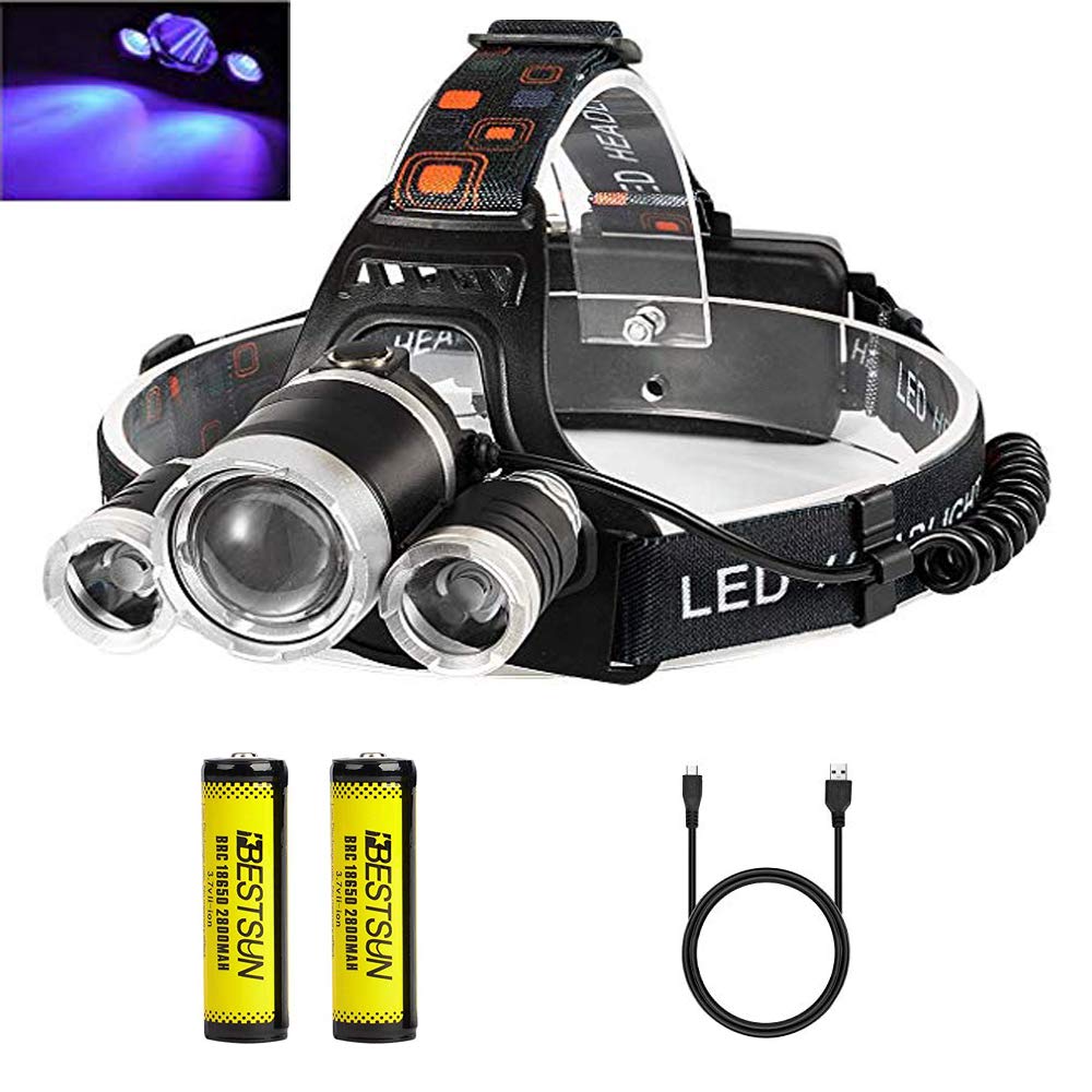 UV Headlamp, LED Head Torch with Ultraviolet Light Blacklight Headlight Rechargeable 395-400nm for Art, Night Fishing, Rock Hounds, Scorpions, Auto Oil HVAC Leaks, Pet Urine Stains(White + UV)