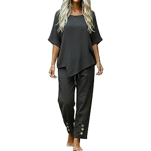 Women's Casual 2 Piece Set 3/4 Sleeve Asymmetric Blouse Drawstring Waist Tapered Button Pants for Beach Vacation