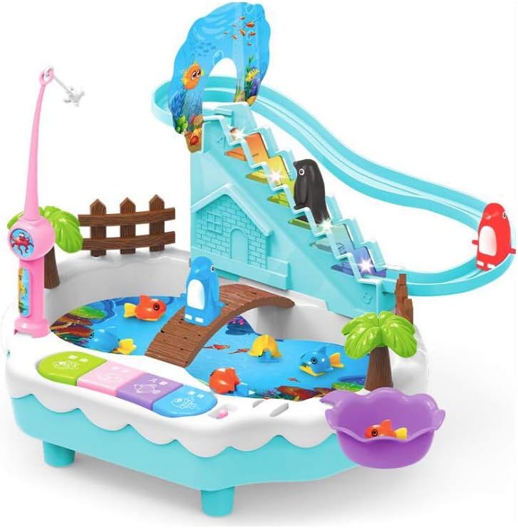 FLYSXP Music Light Penguin Climb Stairs Magnetic Fishing Toy Two in One Electric Puzzle USB Power Supply 3-6 Years Old Children's Educational Toys