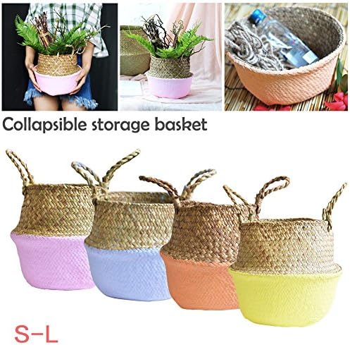 Natural Woven Seagrass Collapsible Tote Belly Basket with Handles for Storage, Laundry, Picnic, Plant Pot Cover, and Beach Bag