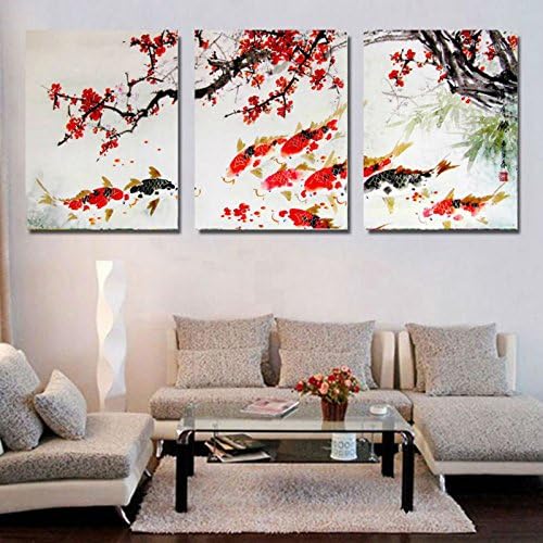guutop (No Frame) Hd Printed Modular Pictures Painting For Room Home Wall Art Decor 3 Pieces Cherry Blossom Koi Fish Canvas Abstract Poster 50X70Cmx3Pcs