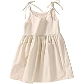 IZYJOY Toddler Baby Girl Summer Cotton Linen White Dresses Bow Straps Sleeveless with Pockets Little Girls Beach Sundress