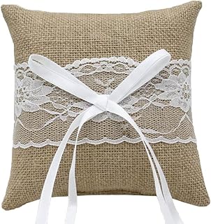 REYOK Ringkissen, Vintage Jute Hochzeit Ringkissen Sackleinen Jute Spitze Blumen Handgemacht Kissen Ringkissen - 15 x 15cm