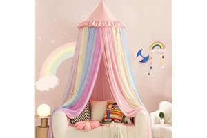 Kertnic Rainbow Bed Canopy for Girls Dreamy Mosquito Net for Bed Round Dome Princess Bed Canopy Girl Room Play Tent Kids Canopy Bed Netting Curtains (Beige Pink Rainbow)