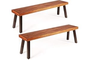Giantex Set of 2 Outdoor Bench, Acacia Wood Patio Seating, Dining Benches for Garden, Lawn, Farmhouse and Entryway with Metal Legs, Rustic Brown and Black (2)