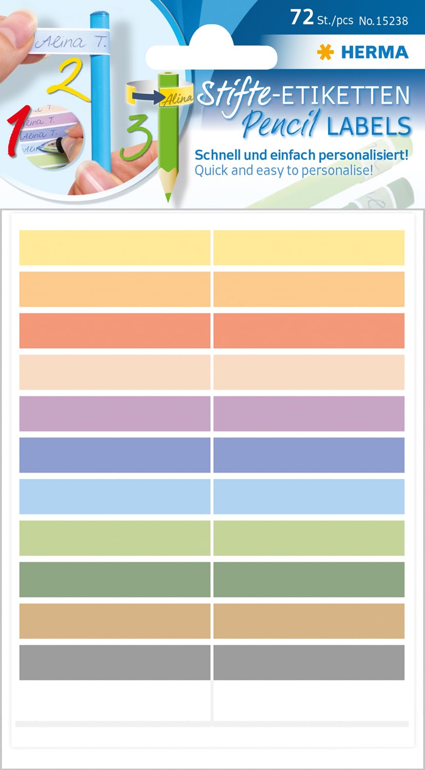 Herma 15238 Permanent Labels (Made of Paper, 10 x 46 mm, Permanent self-Adhesive, for Children) 60 Pieces, Several Colours