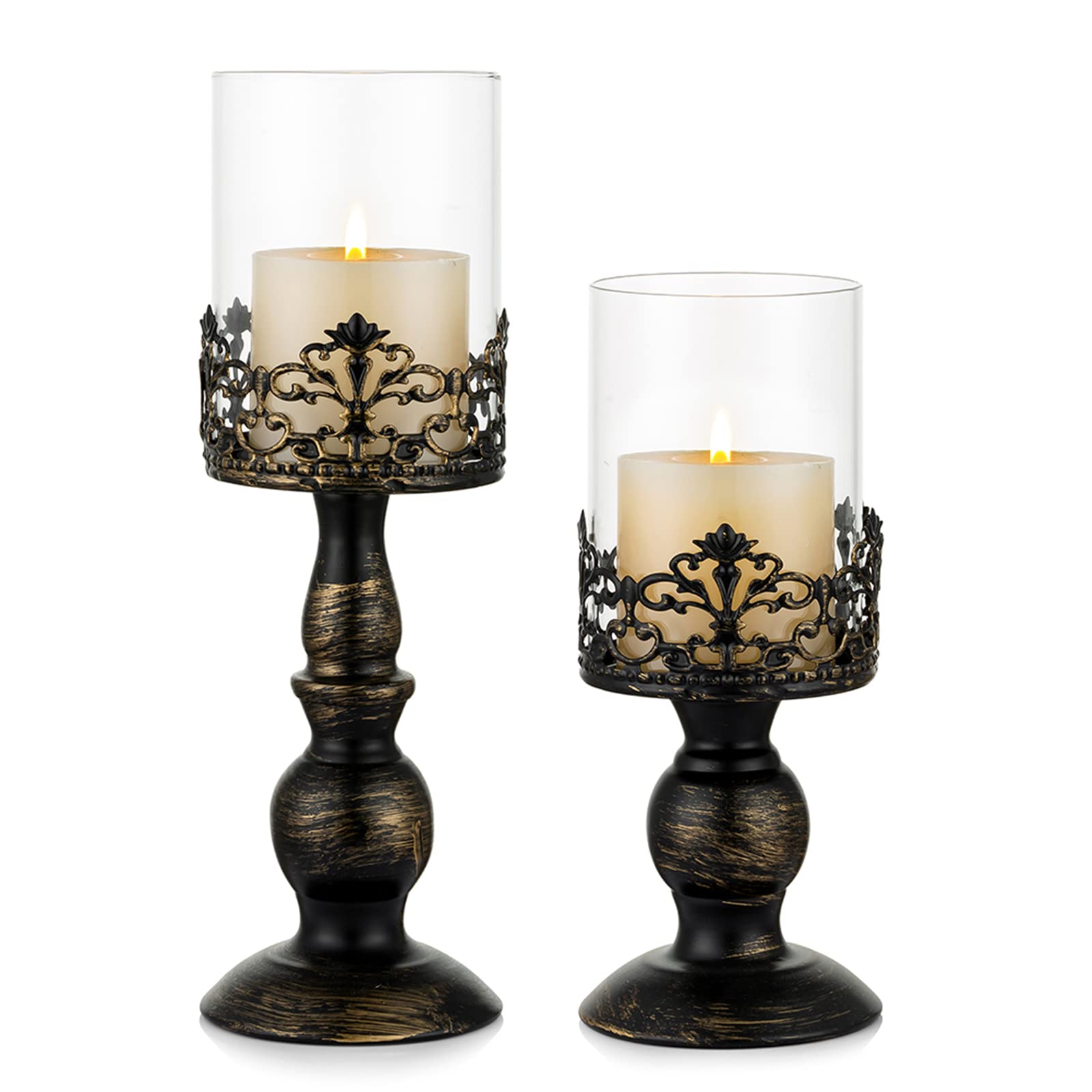 Sziqiqi Candle Holder, Vintage Distressed Black Hurricane, 2pcs, Versatile Metallic Pedestal Glass, 27cm & 33cm, Fireplace Mantel Decoration