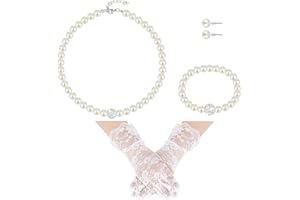 Geyoga 4 Pcs Pearl Necklace Set for Little Girls Toddler Girls Tea Party Jewelry White Pearl Earrings Bracelet Sets First Communion Gloves Kit for Kids Age 4-12 Years