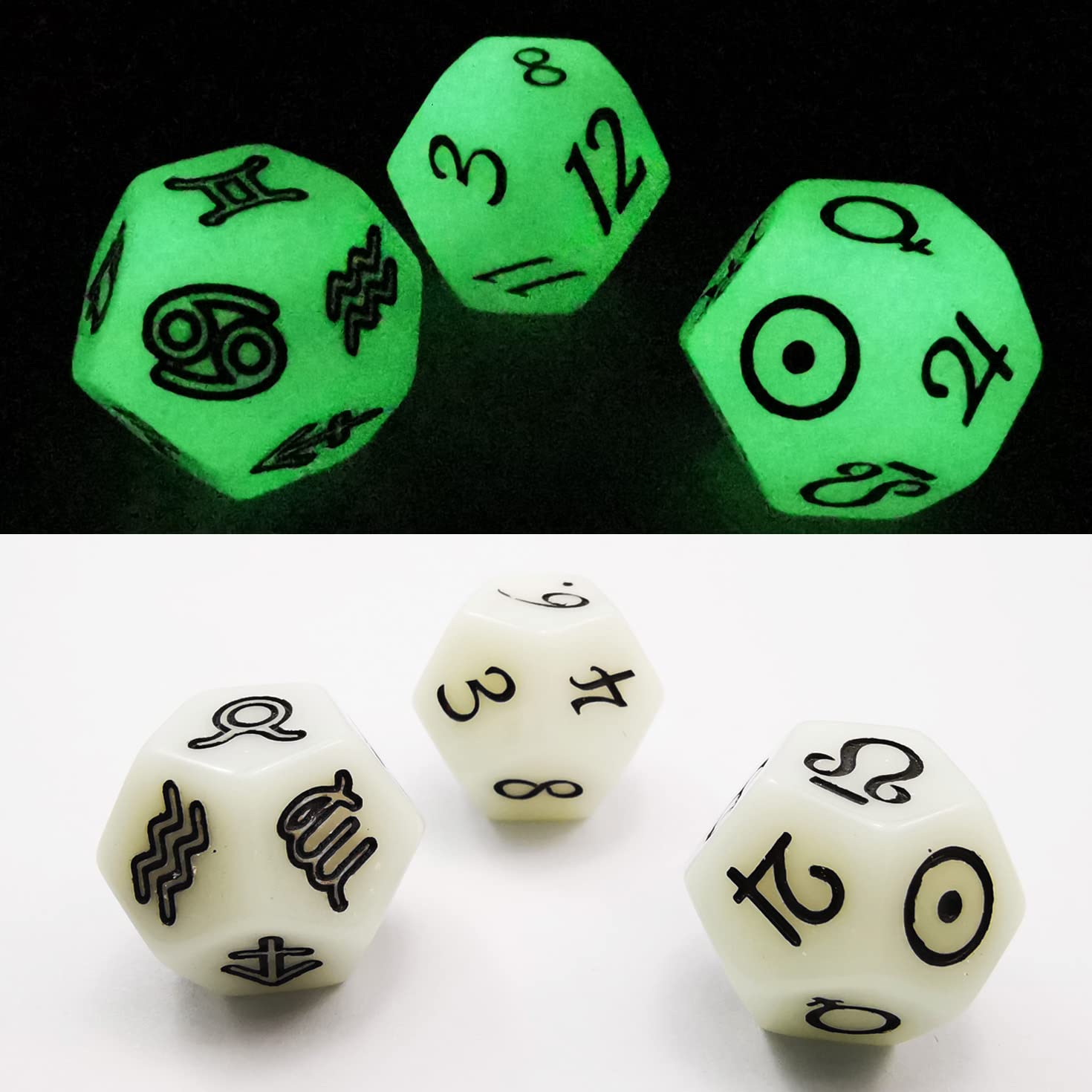 Bescon 3 Pieces Astrological Dice Set, Constellation Divination D12 Dice, Glowing in Dark Effect — image 1