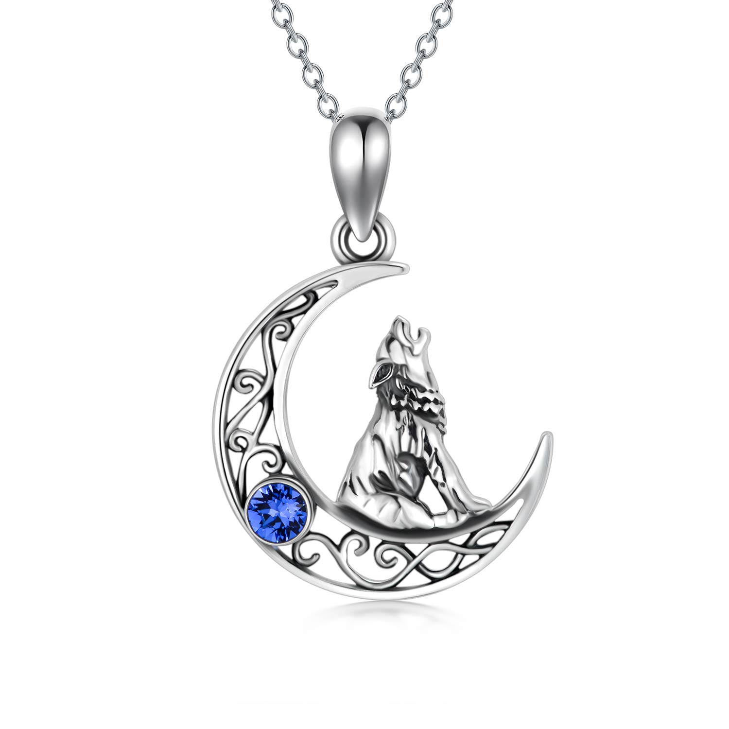 AOBOCO Sterling Silver Crescent Wolf Pendant Necklace, Wolf Jewellery Gifts for Women Her (Simulated Sapphire) — image 1