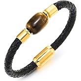 Men’s Black Braided Leather Bracelet with Tiger Eye Bead and Gold Steel Accents Stylish Jewelry