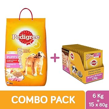 Pedigree Puppy Combo Pack of Dry Food (Chicken & Milk, 6kg) & Wet Gravy (Chicken Chunks, 80g, 15 pouches)