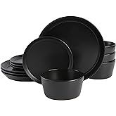 Gibson Soho Lounge Sofia Coupe 12-Piece Stoneware Dinnerware Set, Service for 4 – Black Plates and Bowls