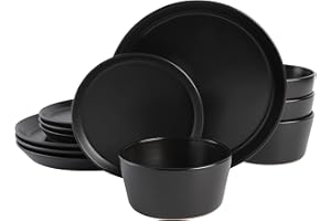 Gibson Soho Lounge Sofia Coupe Stoneware Dinnerware Set, Service for 4 (12pcs), Black