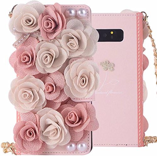 Galaxy Note 8 Case, ArtMine Handmade 3D Flowers &amp; Pearl PU Leather Magnetic Lady Wallet Flip Case with Wrist Strap &amp; Card Holder Slots for SansungGalaxy Note 8