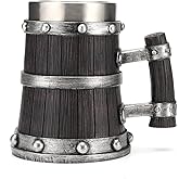 Nordic Viking Mug, pirate Beer Cup,Wooden Barrel Beer Mug Stainless Steel Liner, Medieval Drinkware Wine Goblet,Vintage Bar Decor for Home Accessories Gifts for Halloween/Christmas/Birthday