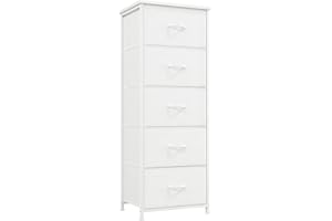 Somdot Tall Dresser for Bedroom with 5 Drawers, Storage Organizer Chest of Drawers with Removable Fabric Bins for Closet Bedside Living Room Laundry Entryway Hallway, White Leather