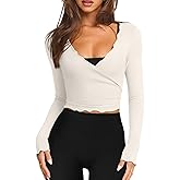 LASLULU Womens Tie Front Wrap Tops Long Sleeve Bolero Shrugs Crop Cardigan Yoga Ballet Cover up Tops Pilates Outfits