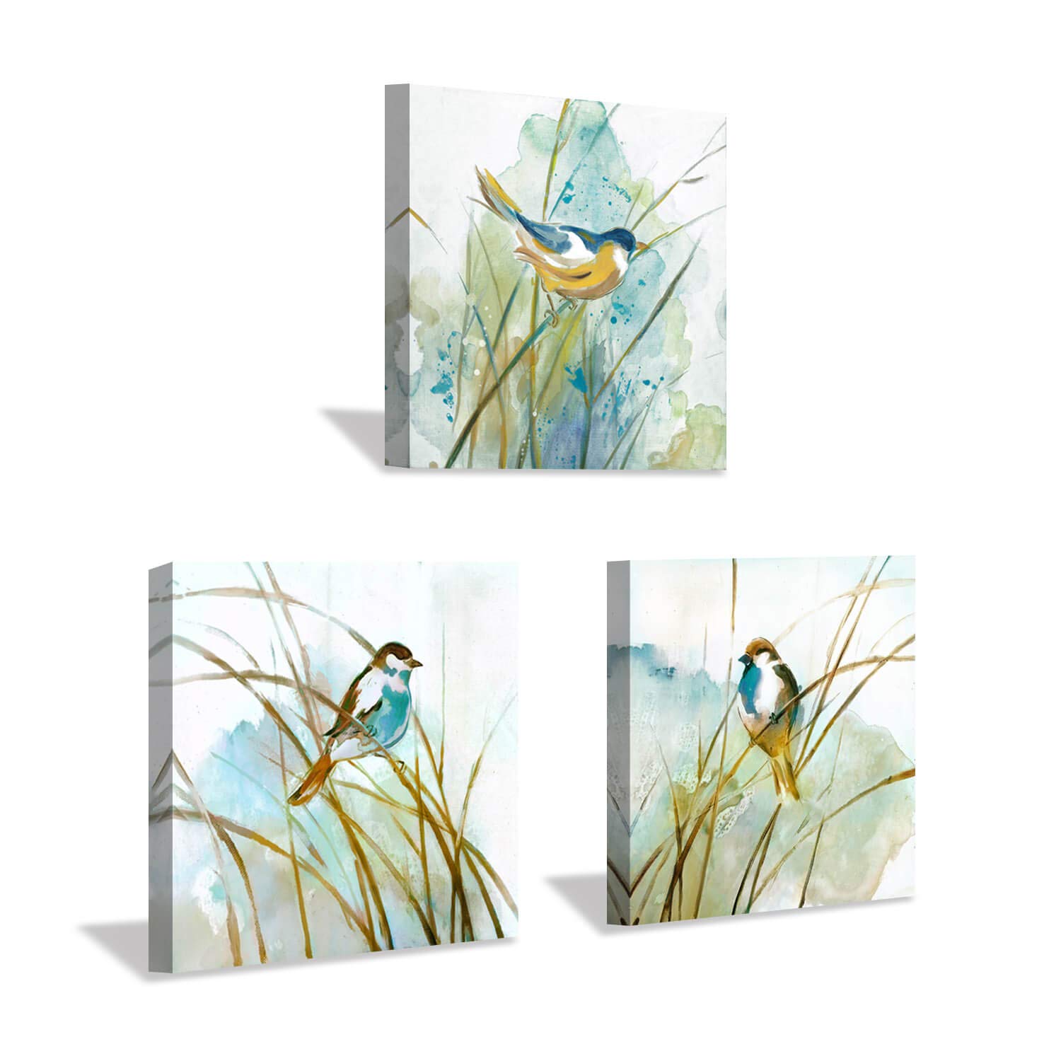Abstract Birds Canvas Wall Art: Colorful Birds in Grass Artwork Animal Painting Picture for Living Room (16” x 16” x 3 Panels)