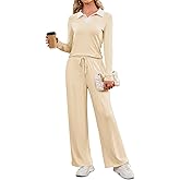 SHESHOW Lounge Sets for Women Long Sleeve Knit Polo Shirts and Wide-Leg Sweatpants Casual Matching Sets 2 Piece Outfits