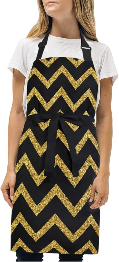 Amazon Kapanou エプロン 黒の背景にキラキラパターンシェブロン 耐久性 調節可能 おしゃれ 男女兼用 仕事用 保育士 カフェ 料理室 家庭用 ファッション柄 エプロン オンライン通販
