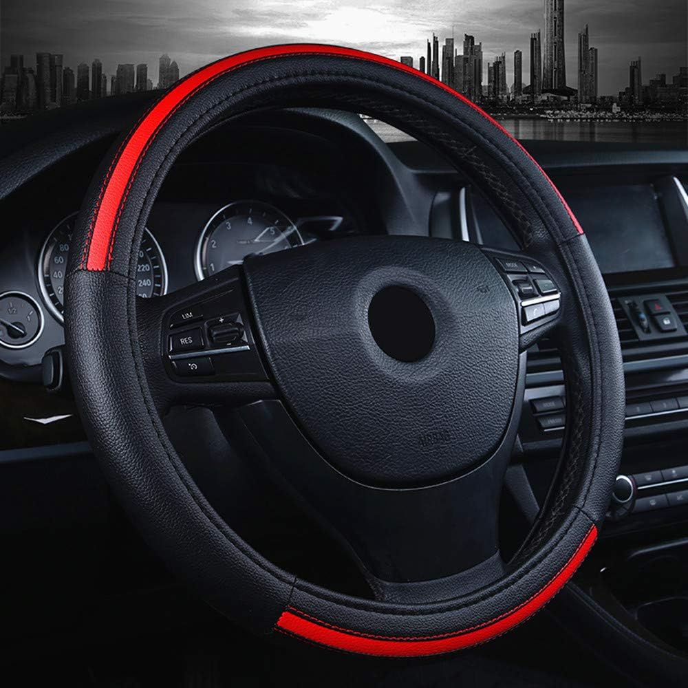 Microfiber Leather Auto Car Steering Wheel Cover, Universal 15 inch for Suvs,Vans,Trucks (Black and Red)