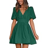 BWQ Women Mini Dress Short Puff Sleeve Sexy V Neck Dress A-line Elastic High Waisted Casual Flowy Summer Dresses